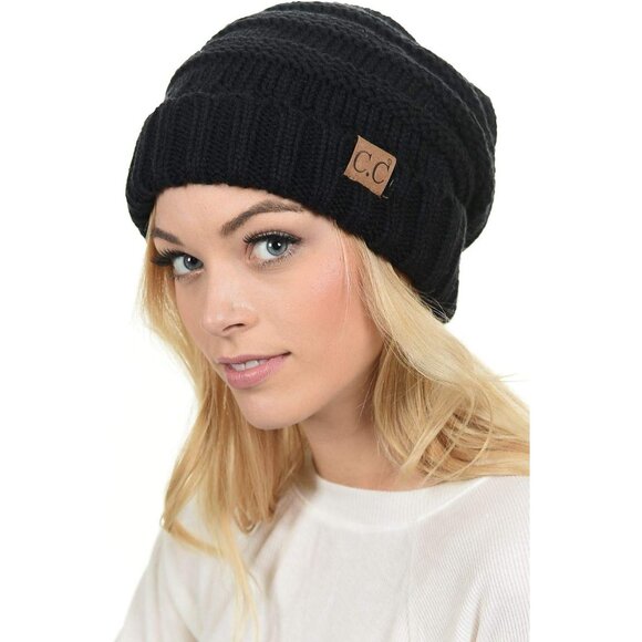 Oversized Cable Knit Beanie - Thick, Warm Slouchy Hat in Chic Black 100% Acrylic - Picture 2 of 2